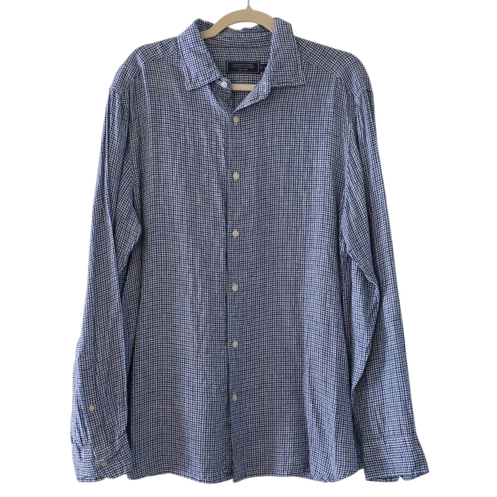 Vineyard Vines LINEN Shirt Size L Plaid Long Sleeve Button-up Spring Preppy